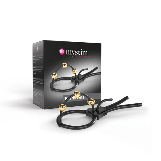 Mystim Pearly Pete corona strap with 24K gold balls – e-stim accessory for glans stimulation