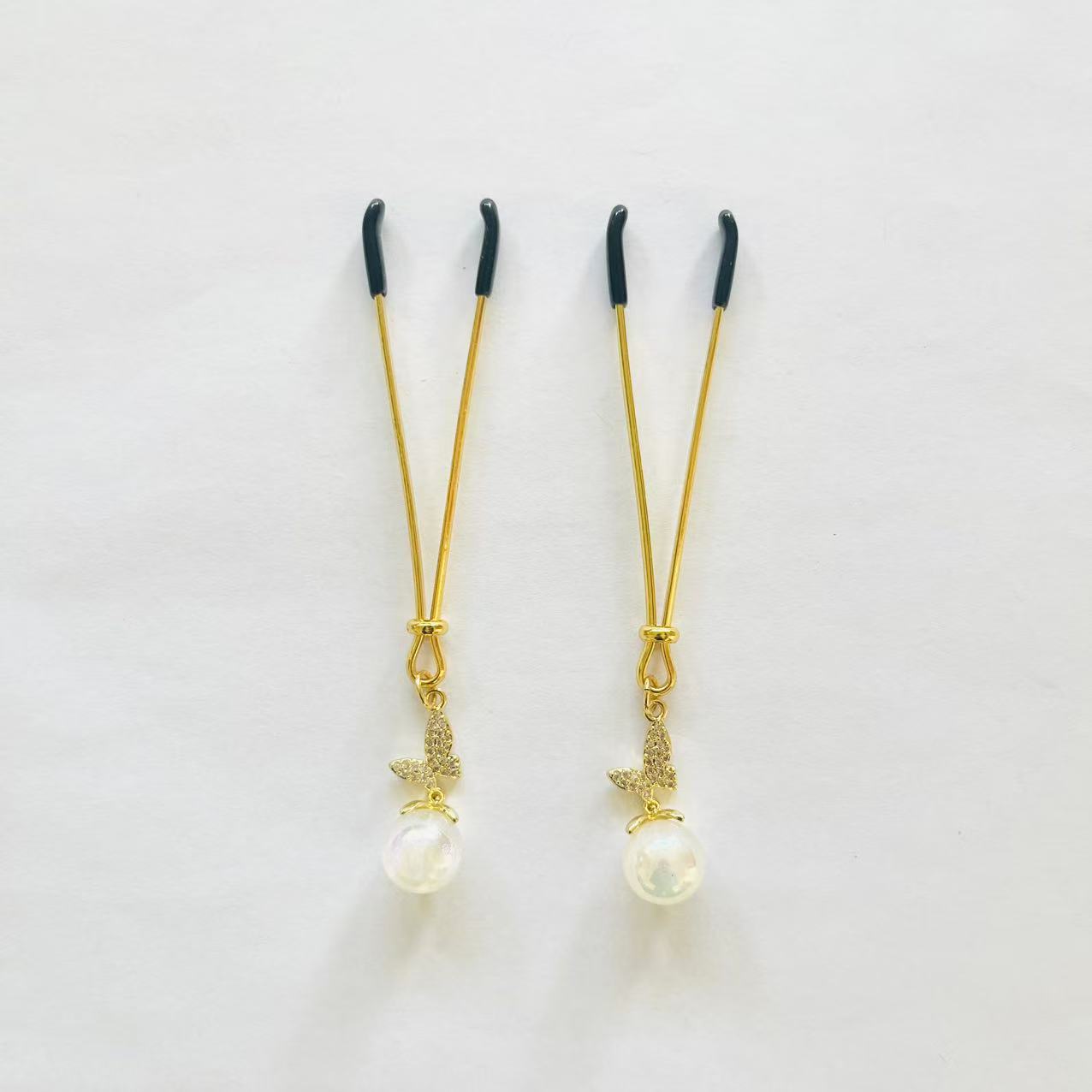 Gold nipple clamps with pearl drop and butterfly charm – PurpleNight.ca