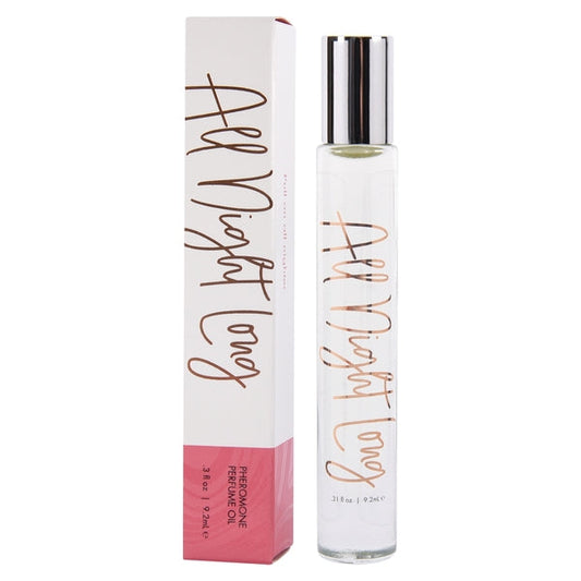 A roll-on applicator bottle of 'CG All Night Long Perfume Oil' with a white and pink label, indicating the fragrance is oriental and contains pheromones.