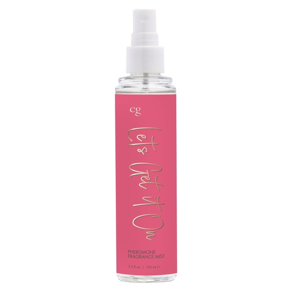 Bottle and packaging of CG Let's Get It On Pheromone Fragrance Mist – fruity-floral scent with pheromones for enhanced attraction.