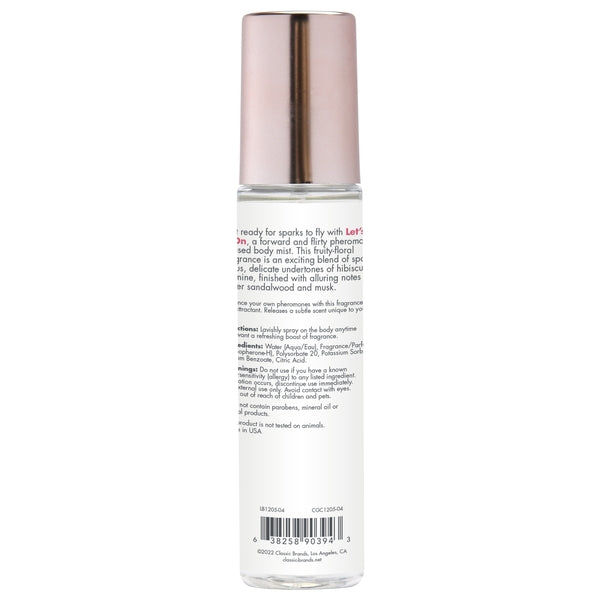 Bottle and packaging of CG Let's Get It On Pheromone Fragrance Mist – fruity-floral scent with pheromones for enhanced attraction.