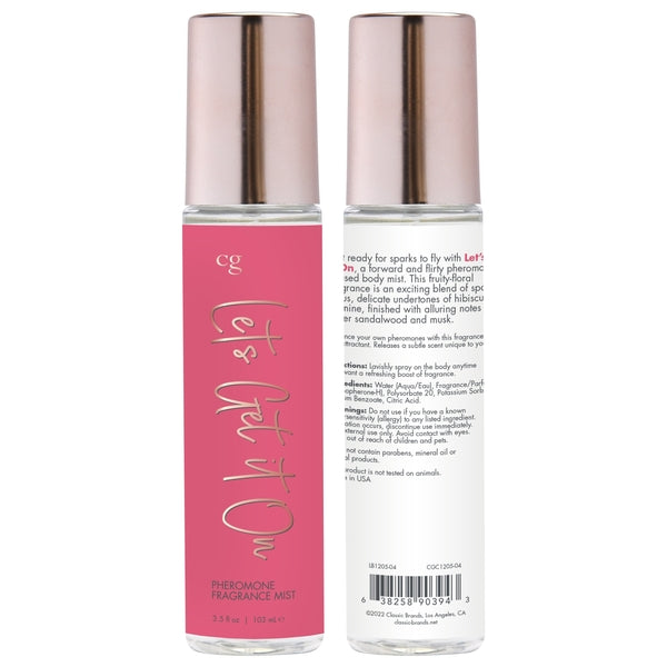 Bottle and packaging of CG Let's Get It On Pheromone Fragrance Mist – fruity-floral scent with pheromones for enhanced attraction.