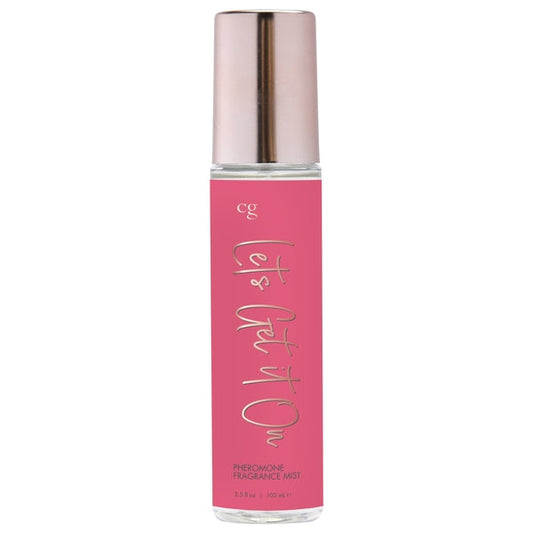 A pink bottle of CG Let's Get It On Fragrance Body Mist with Pheromones. The bottle cap is metallic, and the product is presented in a clear liquid form.