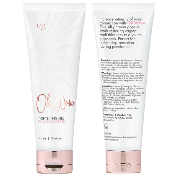 CG Oh Wow Tightening Gel – 1oz tube with pink label, body-safe formula for vaginal tightening and enhanced intimacy.