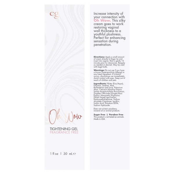 CG Oh Wow Tightening Gel – 1oz tube with pink label, body-safe formula for vaginal tightening and enhanced intimacy.