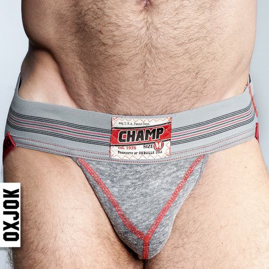 A gray heather OXBALLS CHAMP vintage sweatshirt jockstrap with a branded label on the waistband, featuring a plush pouch and a Y-CUT design.