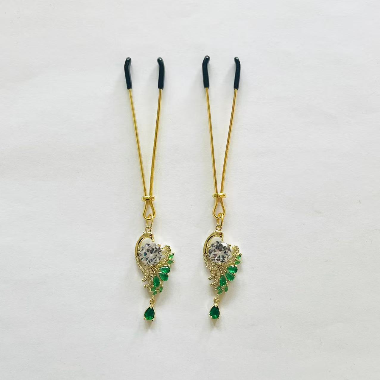 Peacock design gold nipple clamps with green gemstone feathers and emerald teardrop – PurpleNight.ca