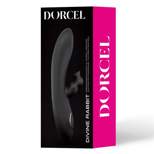 Dorcel Divine Rabbit Vibrator in pink silicone, side view showing dual arms