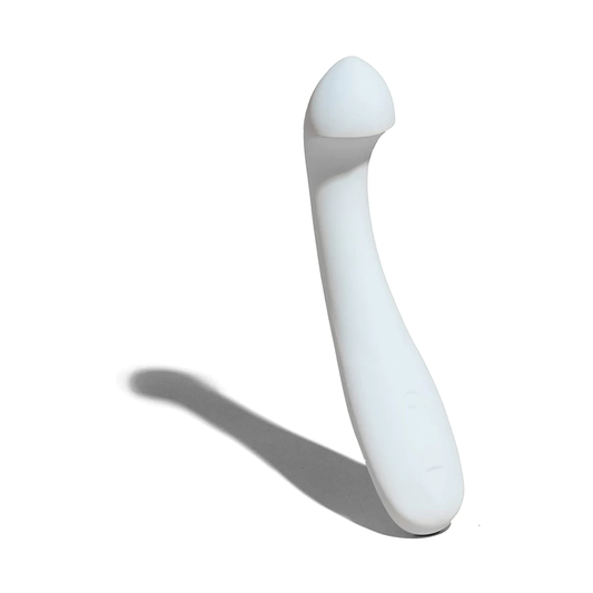 A white, curved G-spot vibrator with a smooth surface. The handle is sleek and designed for easy maneuvering.