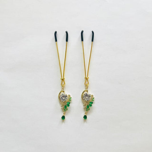 Peacock design gold nipple clamps with green gemstone feathers and emerald teardrop – PurpleNight.ca