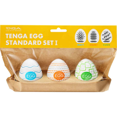 TENGA EGG Standard 3 Pack I featuring Wavy, Starry, and Cubic textured eggs