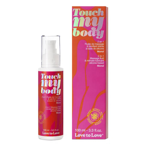 The product image shows a 100ml bottle of 'Touch My Body' massage lubricant with a floral design, alongside its packaging box.