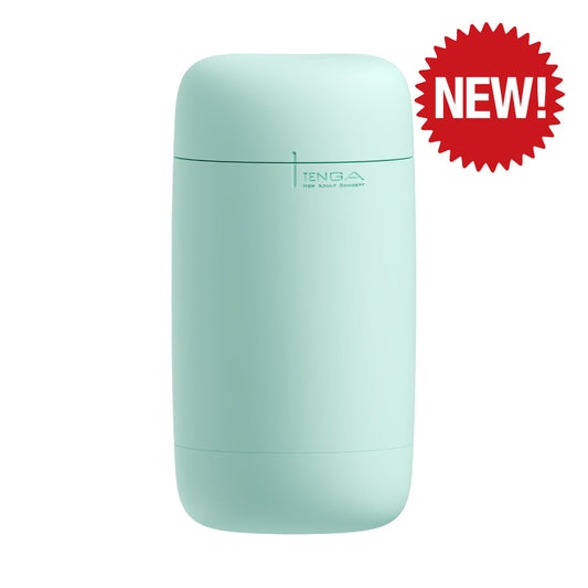 A mint green Tenga Puffy Male Masturbator with a silky-smooth silicone cover. The product is compact and has a sleek design with a top cover that is labeled 'new'.