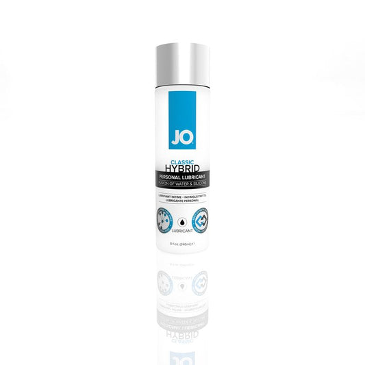 Bottle of JO Classic Hybrid Original Personal Lubricant with a white and blue label, 8 oz size.