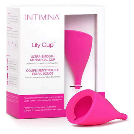 INTIMINA Lily Cup menstrual cup in pink with angled shape and smooth design
