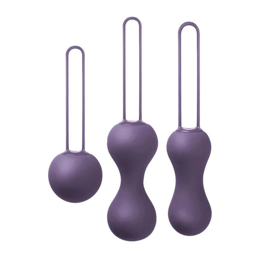 A set of three purple kegel balls in progressive weights, each with a loop at the top for easy retrieval.