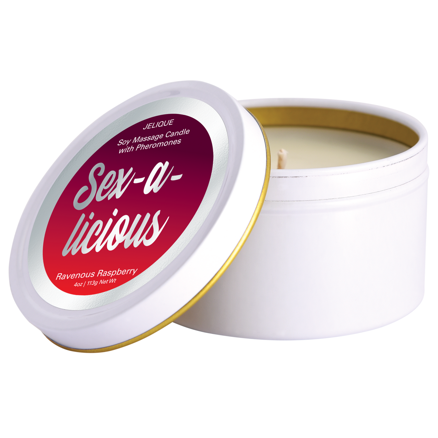 A white soy massage oil candle with a gold lid, labeled 'Sex-A-Licious Ravenous Raspberry' by Jelique.