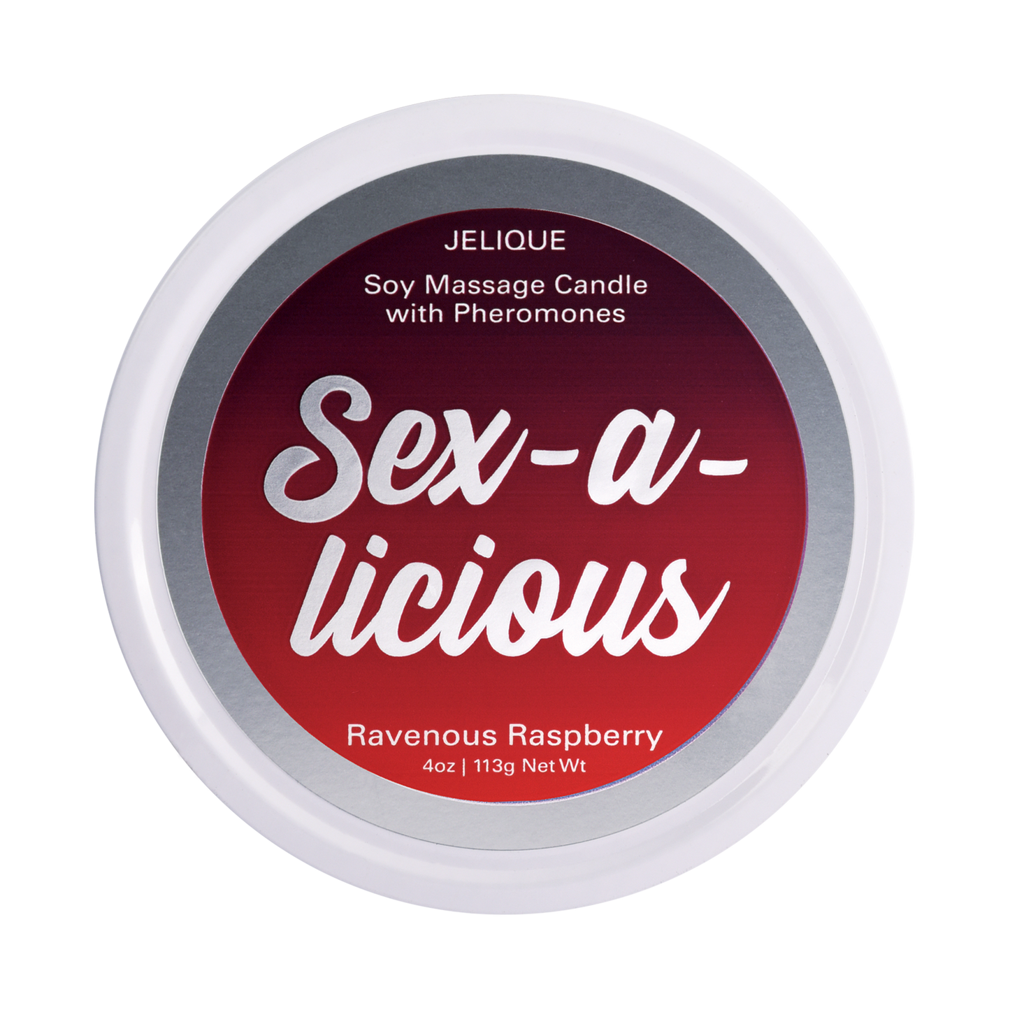 Jelique Sex-A-Licious Ravenous Raspberry Massage Candle with soy wax and pheromones in red tin