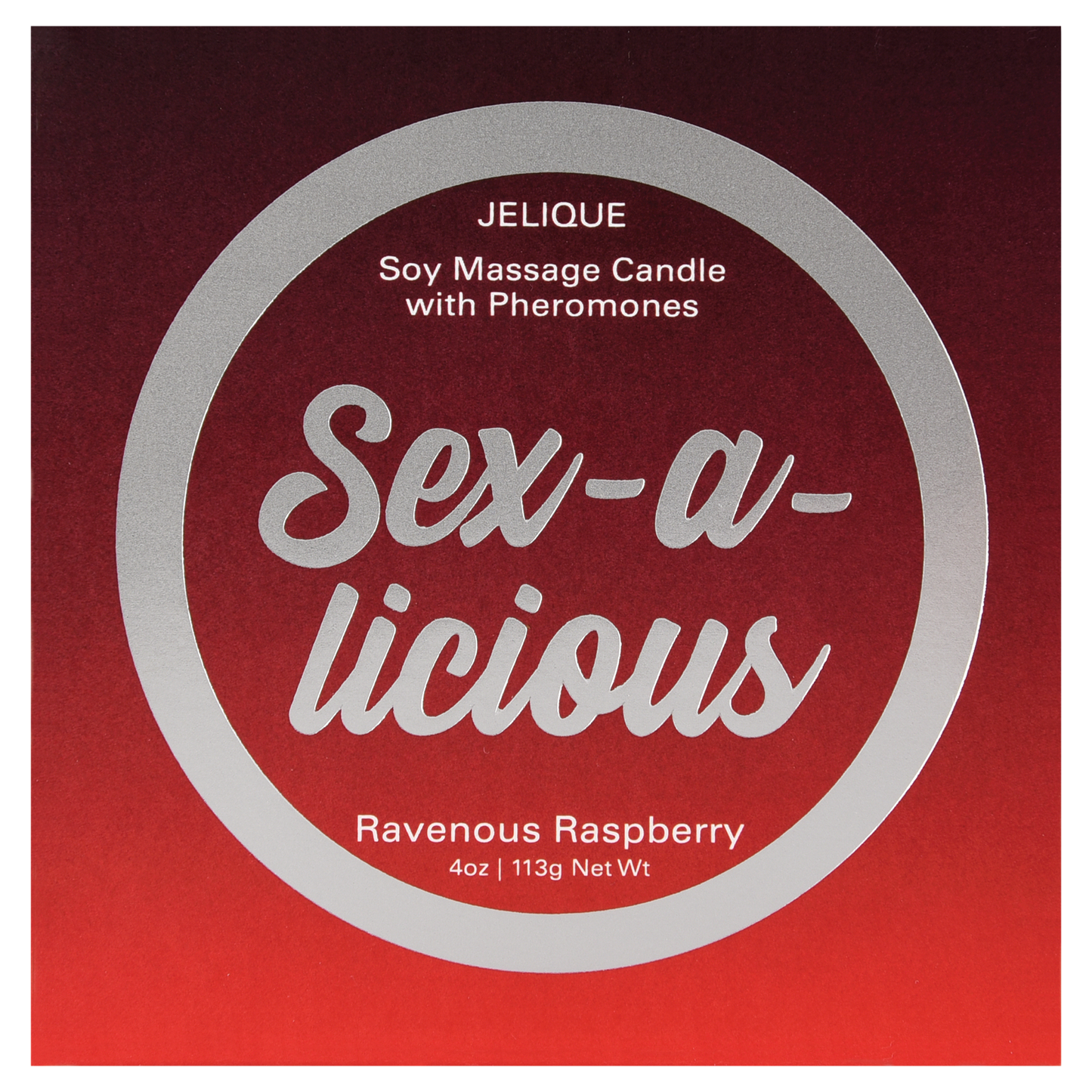 Jelique Sex-A-Licious Ravenous Raspberry Massage Candle with soy wax and pheromones in red tin