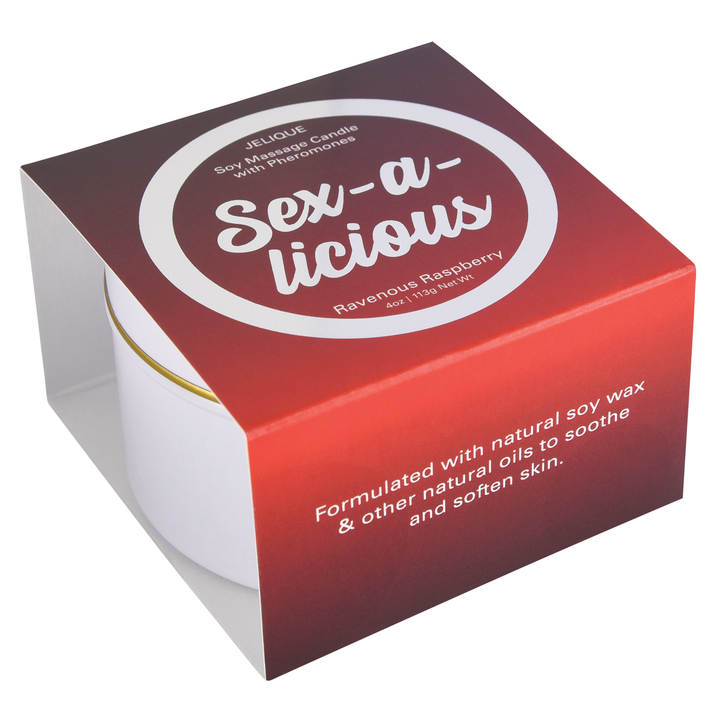 Jelique Sex-A-Licious Ravenous Raspberry Massage Candle with soy wax and pheromones in red tin