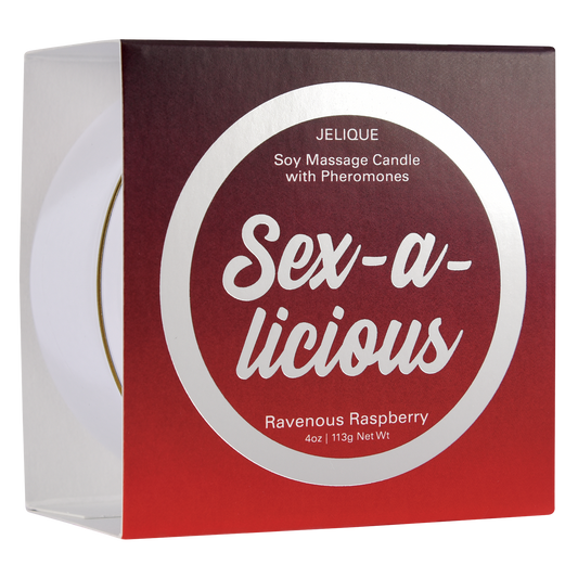 Jelique Sex-A-Licious Ravenous Raspberry Massage Candle with soy wax and pheromones in red tin