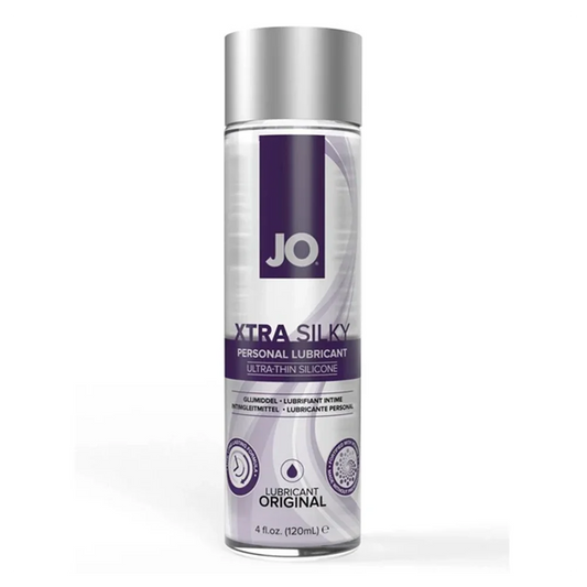 JO Extra Silky personal lubricant bottle on a white background