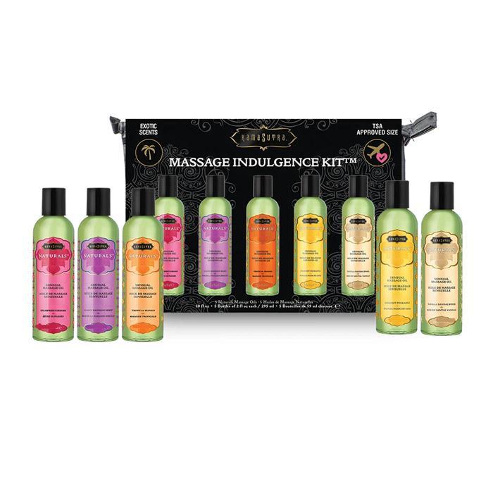 Kama Sutra Massage Indulgence Kit – 5 travel-size natural massage oils in zippered case with tropical scents