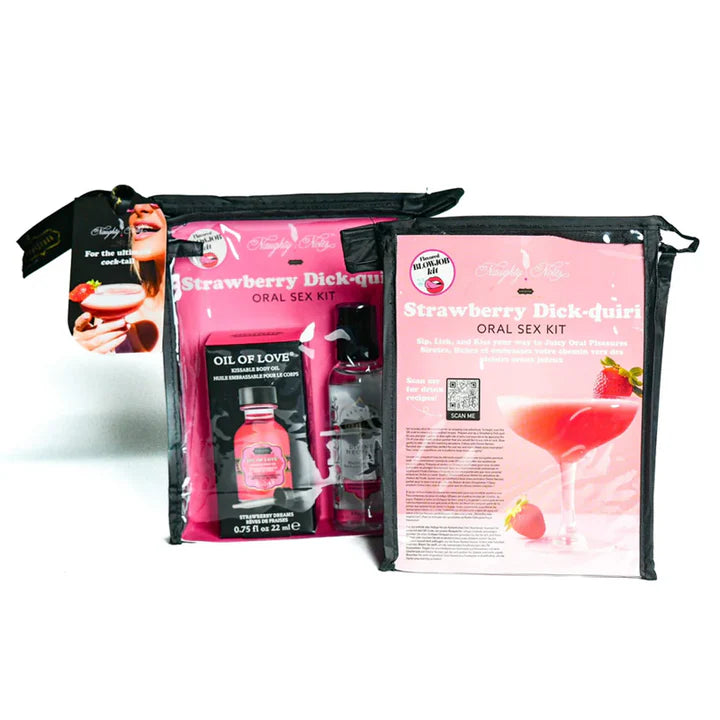 Strawberry flavored oral sex kit packaging on a white background