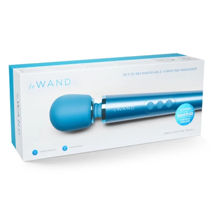 Blue WAND petite rechargeable vibrating massager in packaging on a white background