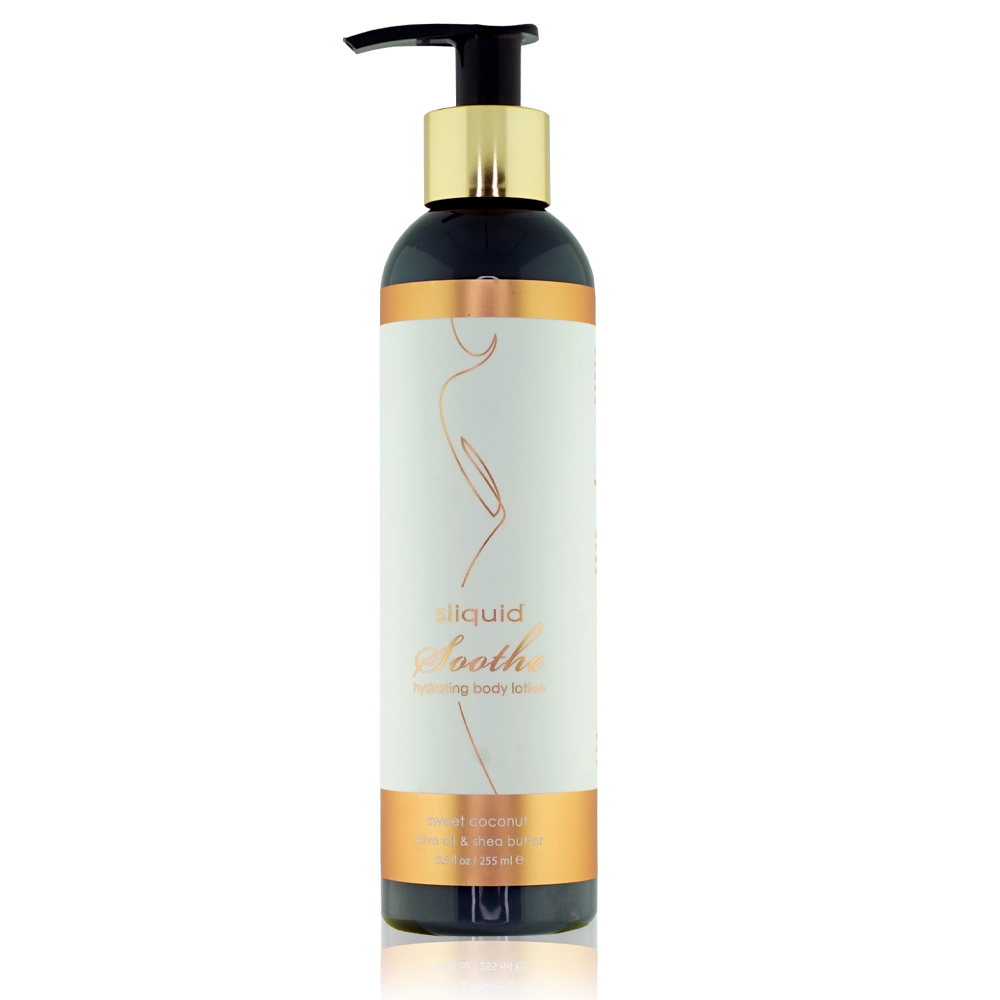 A pump bottle of Sliquid Balance Soothe Sweet Coconut body lotion.