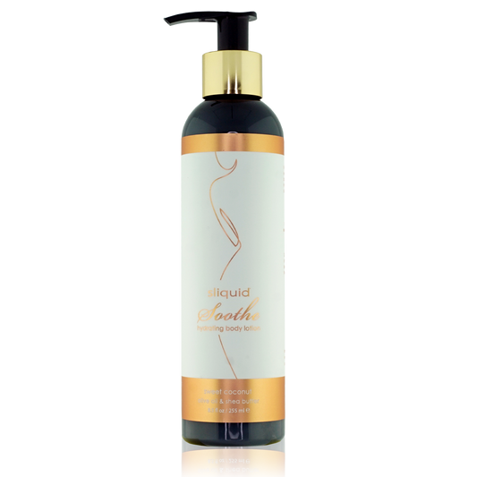 A pump bottle of Sliquid Balance Soothe Sweet Coconut body lotion.