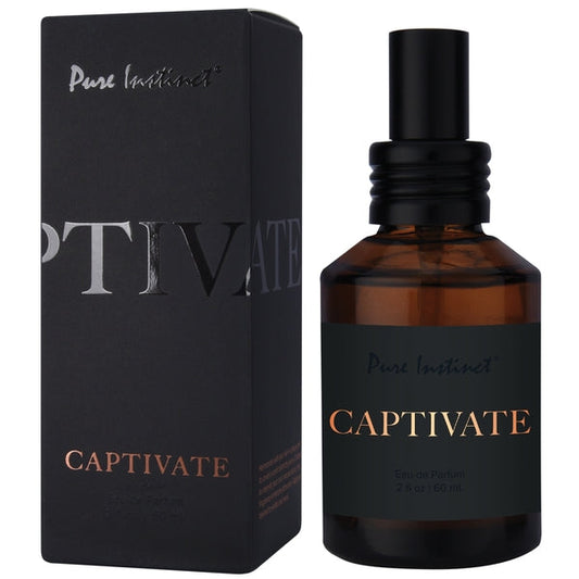 A black bottle of Pure Instinct Captivate Men's Collection Pheromone Perfume with a white label and gold text, next to its packaging box.