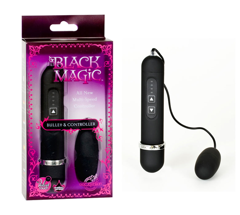 Doc Johnson Black Magic Bullet & Controller – black 4-speed bullet vibrator with wired controller and original packaging