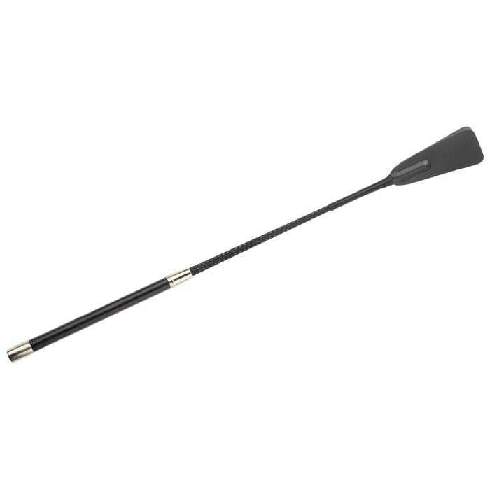 Black Spartacus Riding Crop 20½ inch with leatherette tip, braided handle, and silver metal accents – BDSM impact toy.