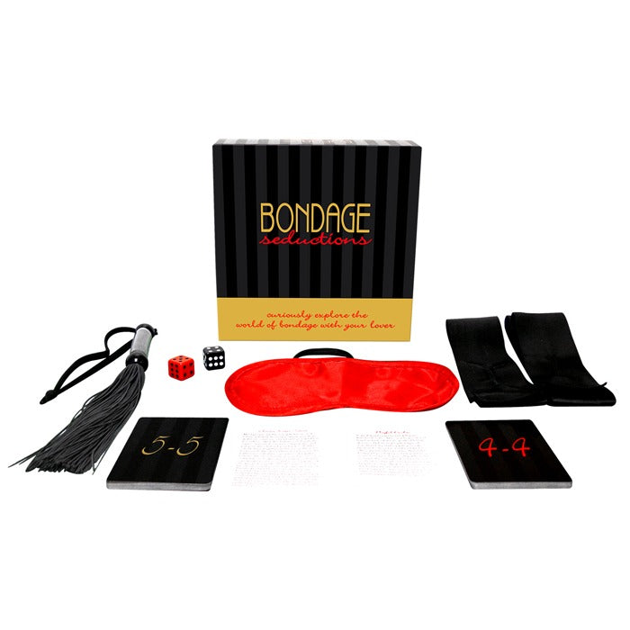 Kheper Games Bondage Seductions Game kit with cards, satin ties, blindfold, whip, and dice for couples exploring light BDSM