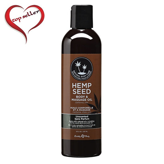 Bottle of Hemp Seed body and massage oil with a brown label on a white background