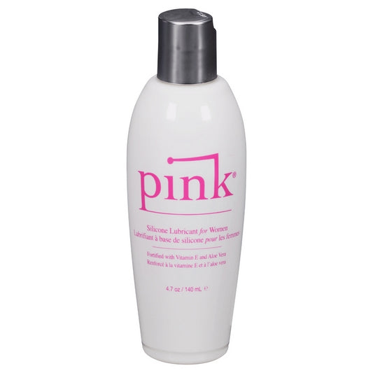 White bottle of 'pink' silicone lubricant for women on a white background