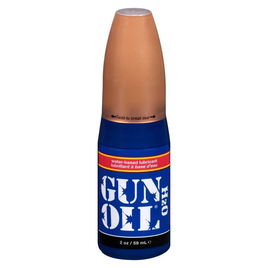 A bottle of Empowered Gun Oil H2O Water Based Lube with a capacity of 2 oz. The bottle is primarily blue with a label that has the product name and description.