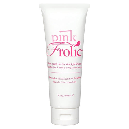 Tube of Empowered Frolic Gel Lube with pink and white packaging, 3.3 oz size.