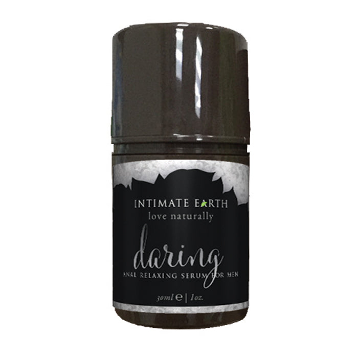 A brown bottle of Intimate Earth Daring Anal Relaxing Spray with a white and gray label.