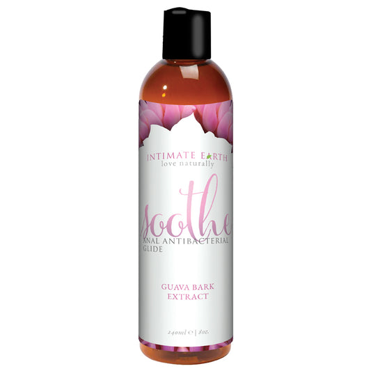 Bottle of Intimate Earth 'Soothe' anal antibacterial glide with guava bark extract on a white background