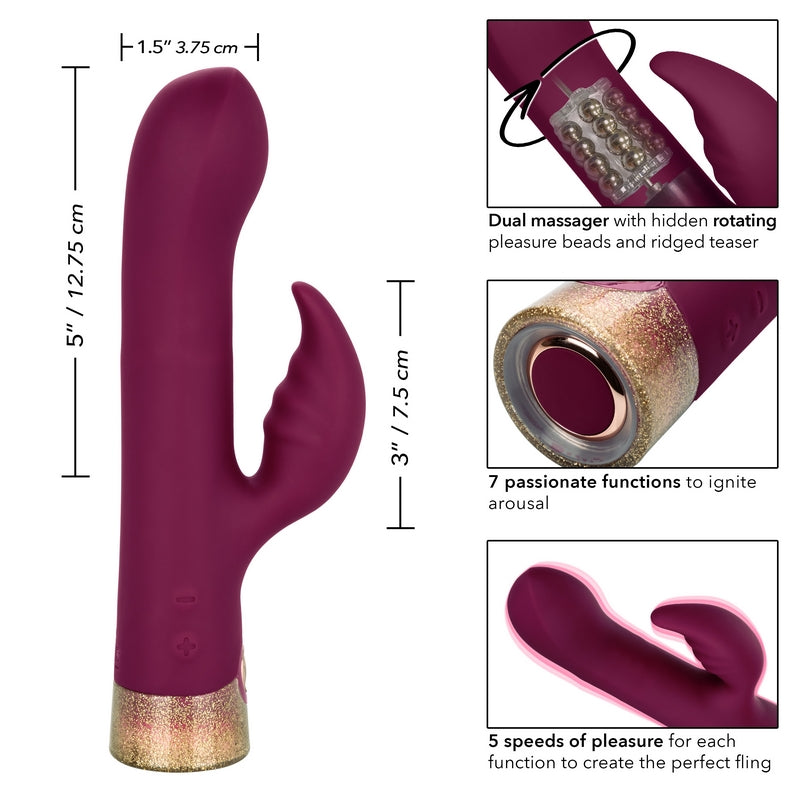 CalExotics Starstruck Affair rabbit vibrator – glitter silicone dual stimulator with rotating shaft and flickering clitoral teaser.