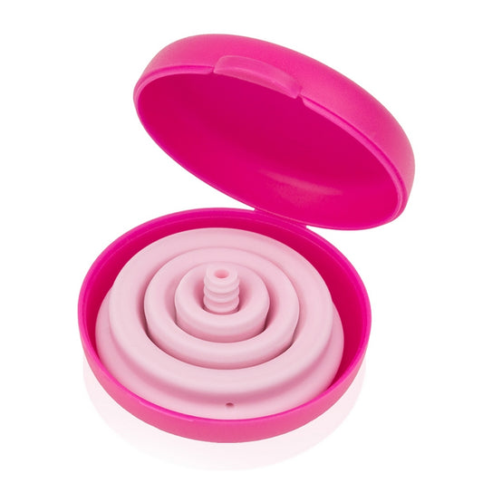 INTIMINA Lily Cup Compact collapsible menstrual cup with pink case, shown folded and open
