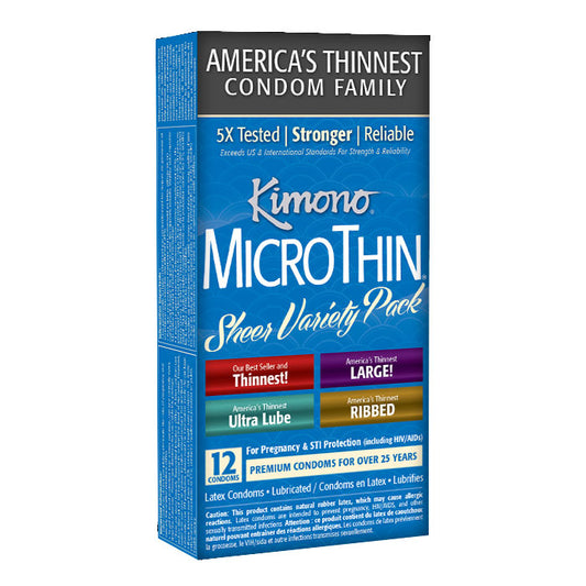 Packaging for Kimono MicroThin Variety Pack, showcasing the product as America's thinnest condom, with a variety of four unique styles including Ultra Lube, Ribbed, and Large.