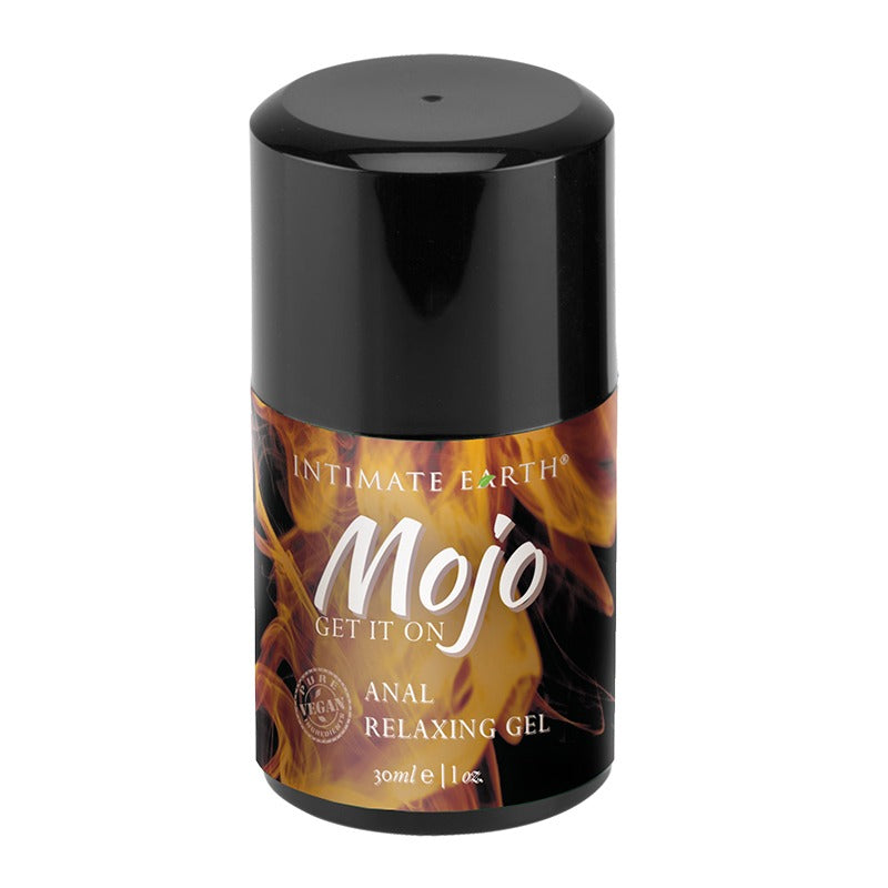 A black tube of Intimate Earth MOJO Anal Relaxing Gel with Clove Oil. The label features a fiery graphic design with the product name and volume indicated.