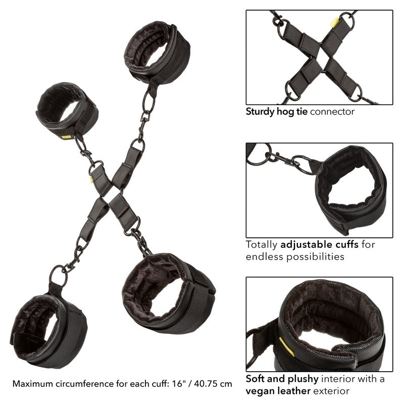 Black hog tie with adjustable cuffs and sturdy connector on a white background