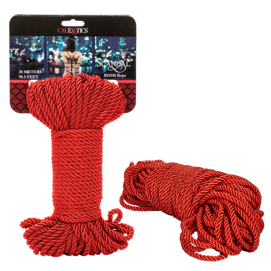 Red rope with packaging displaying brand name on a white background