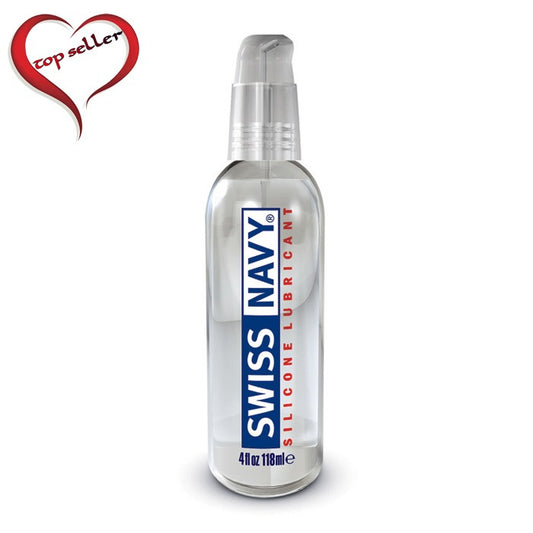 Bottle of Swiss Navy silicone lubricant with a 'top seller' heart icon on a white background