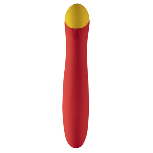 ROMP Hype G-Spot Vibrator in red, angled to show curved tip