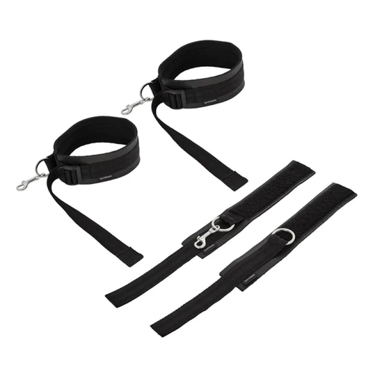 Sportsheets Thigh and Wrist Cuffs – black neoprene bondage cuffs with adjustable straps and nickel-free hardware for versatile restraint play.